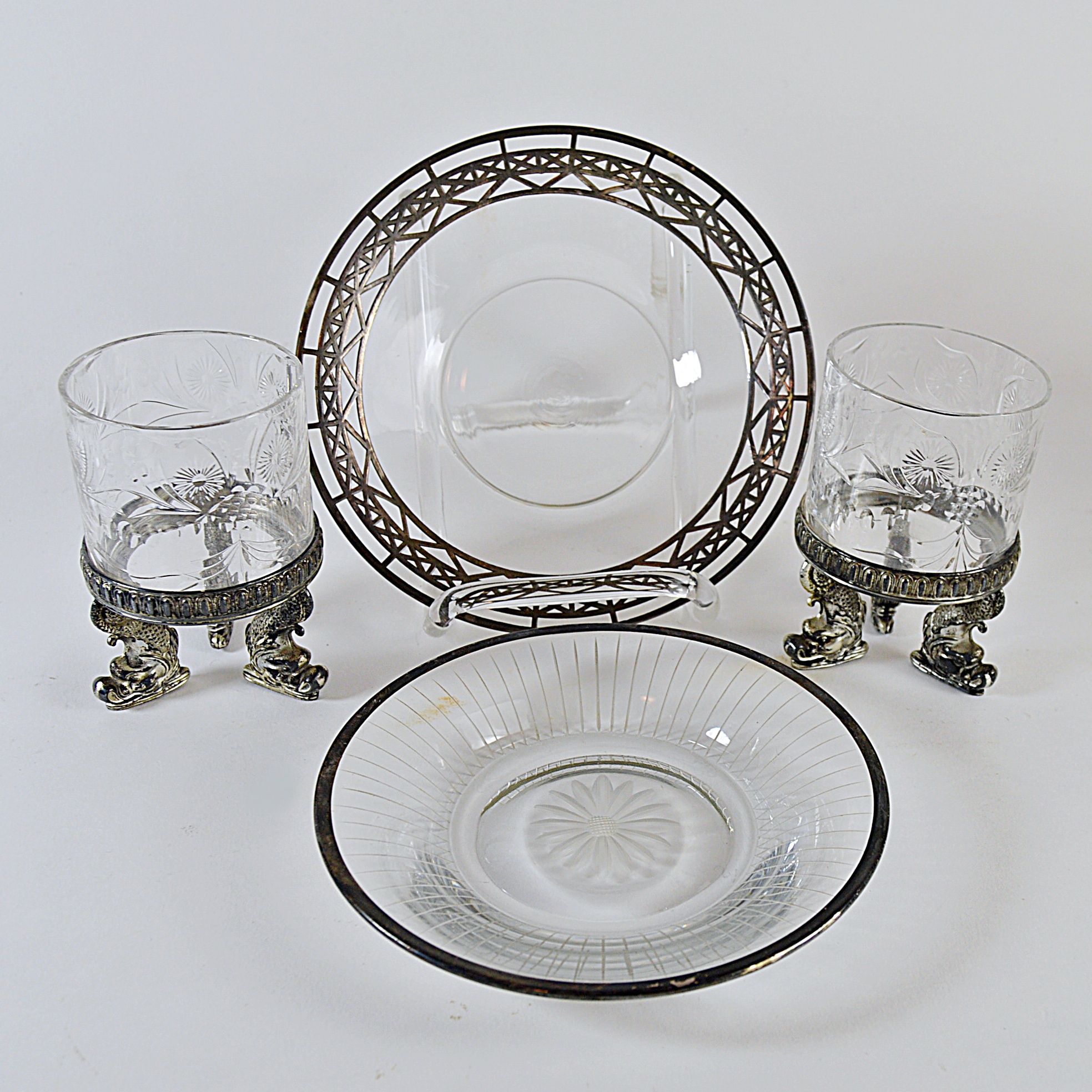 Antique Crystal Cups with Pairpoint Bases, Silver-Accented Dishes