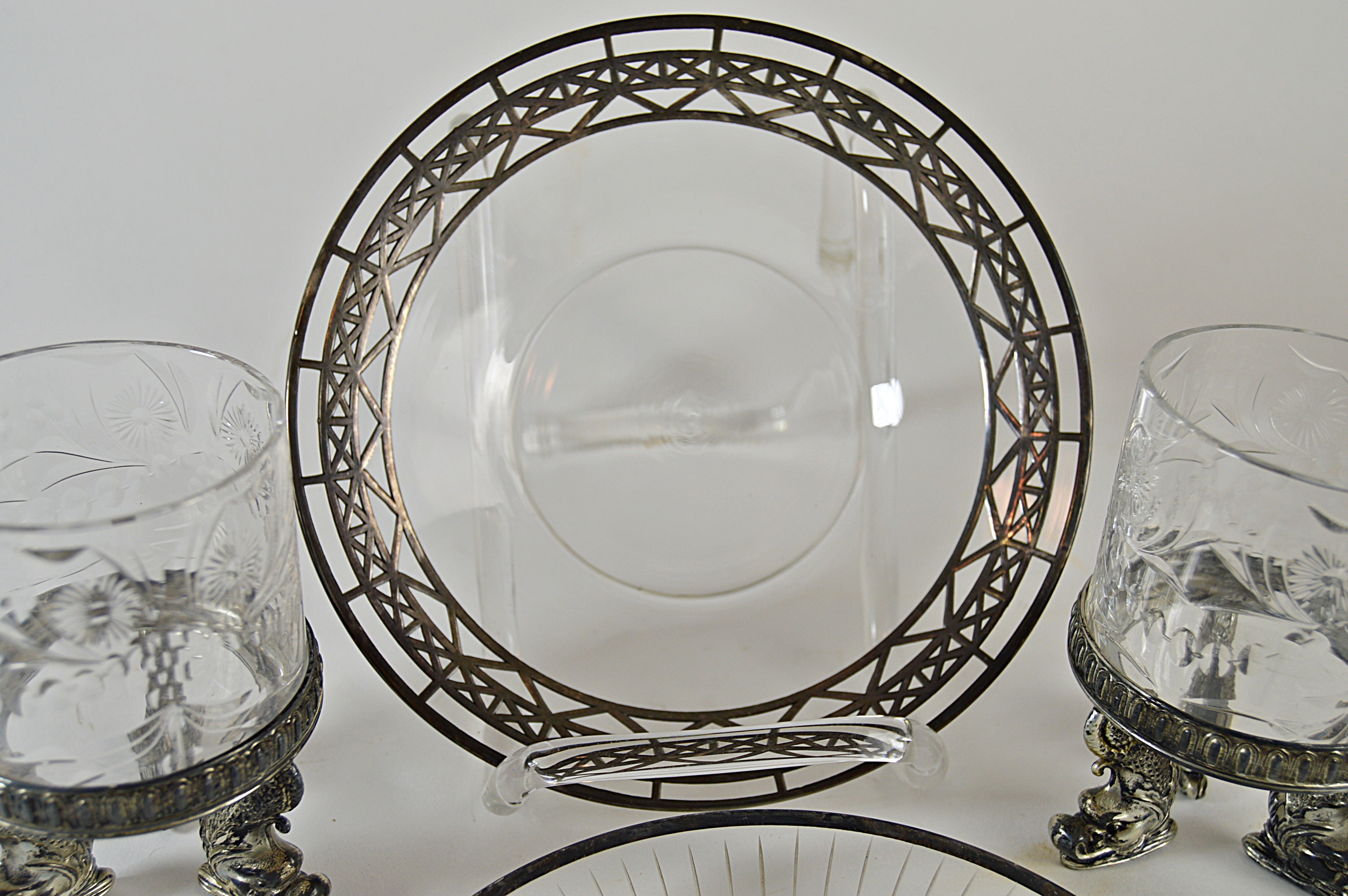 Antique Crystal Cups with Pairpoint Bases, Silver-Accented Dishes