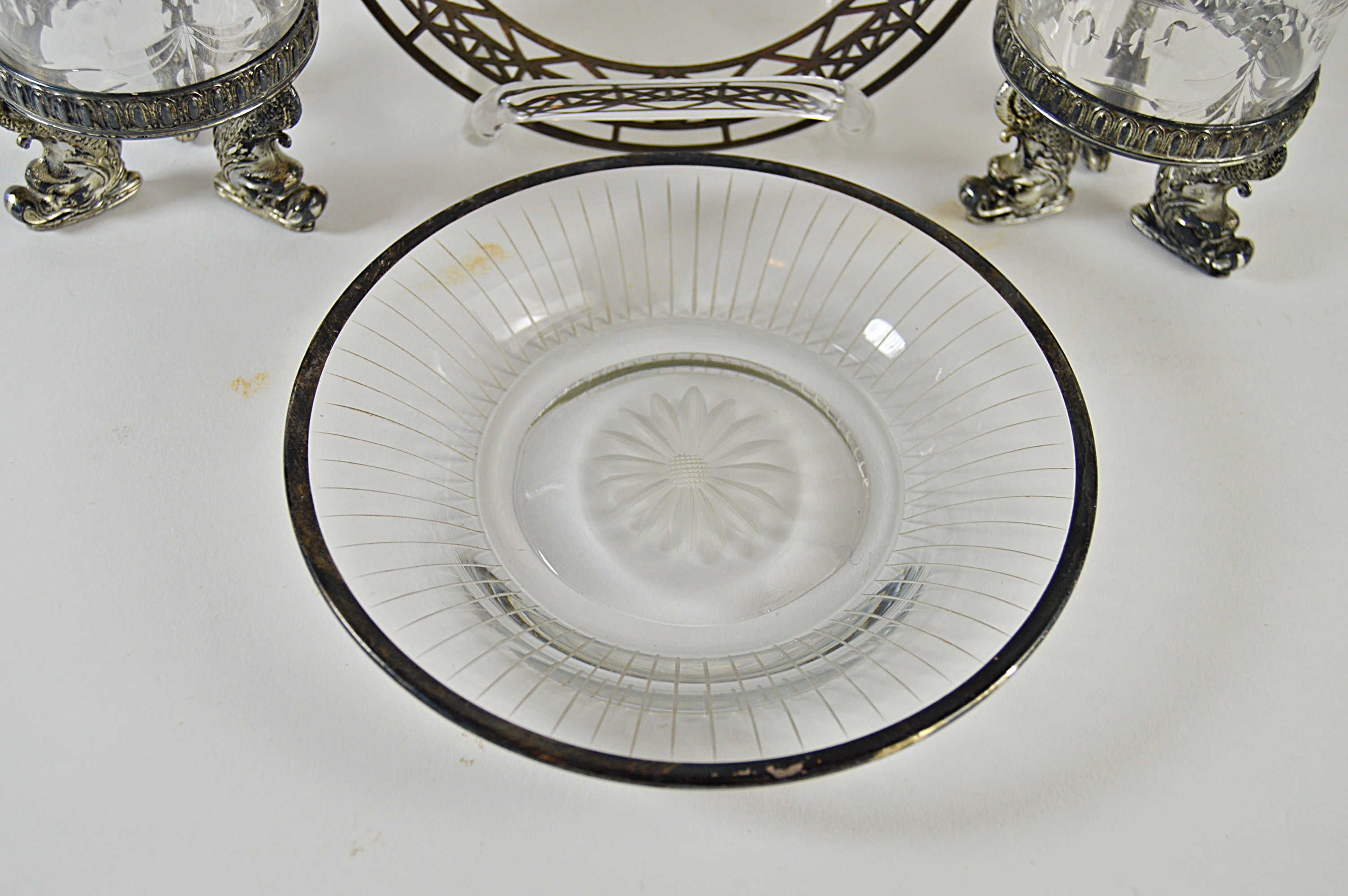 Antique Crystal Cups with Pairpoint Bases, Silver-Accented Dishes