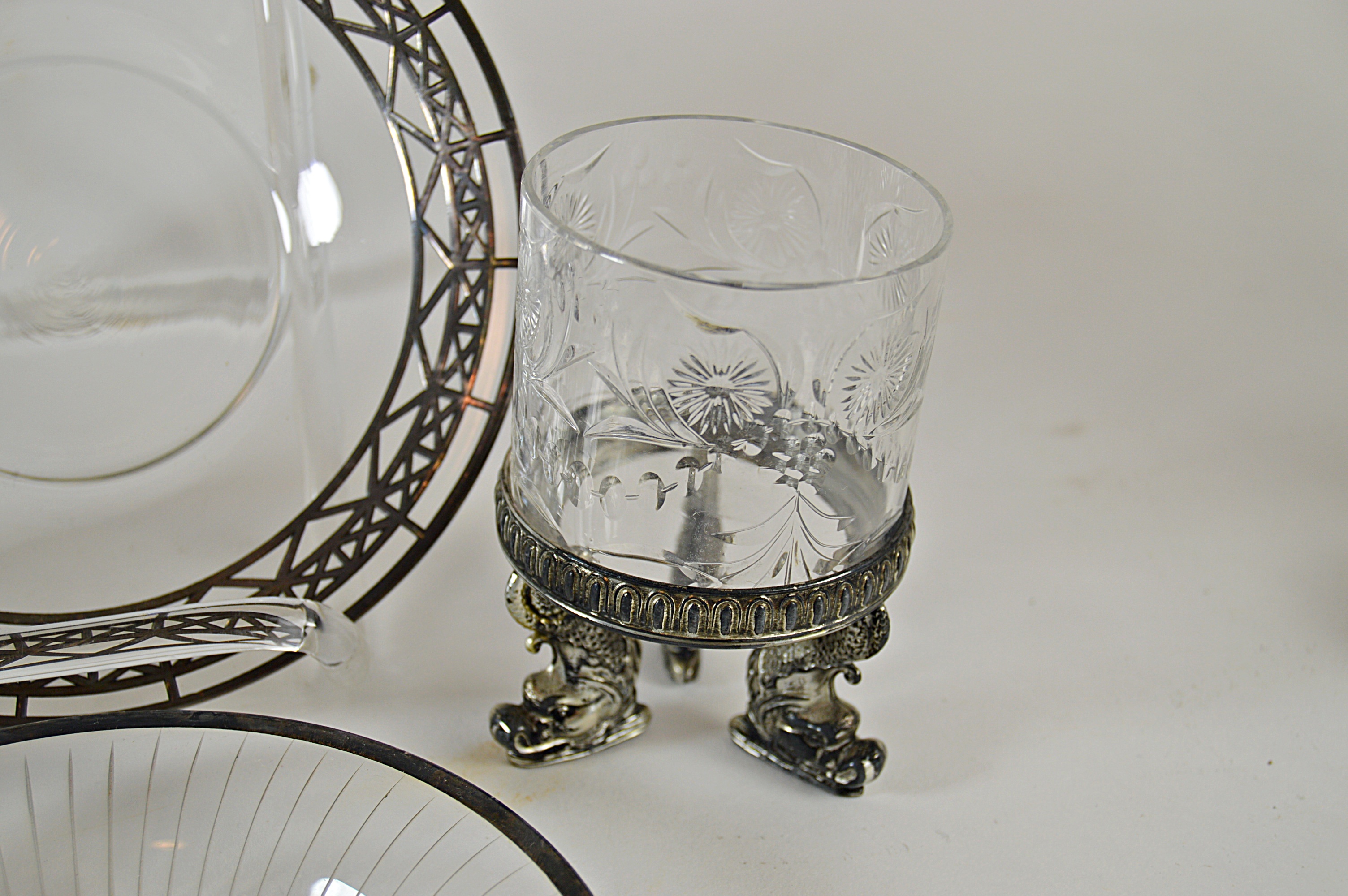 Antique Crystal Cups with Pairpoint Bases, Silver-Accented Dishes