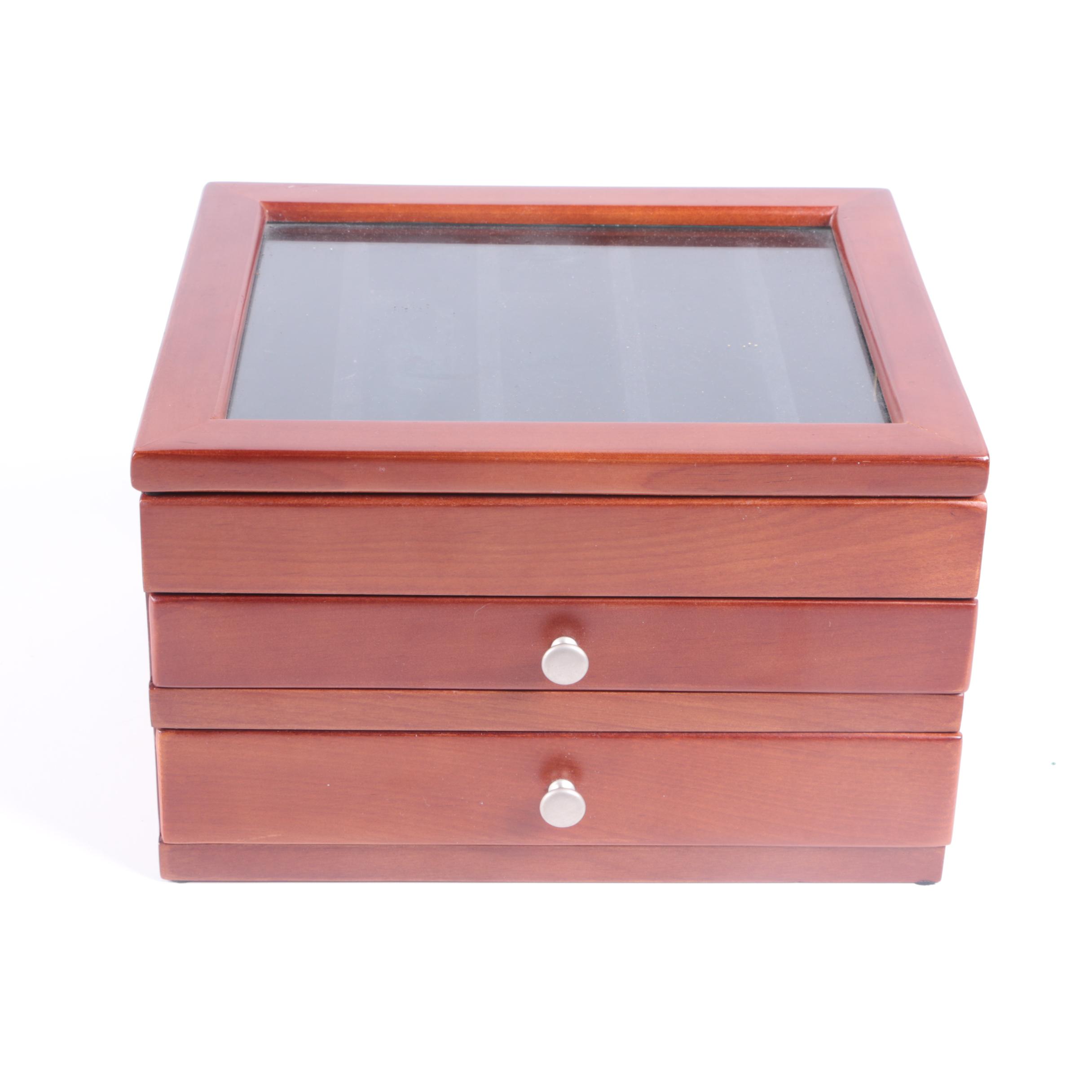 Glass Topped Wood Jewelry Box