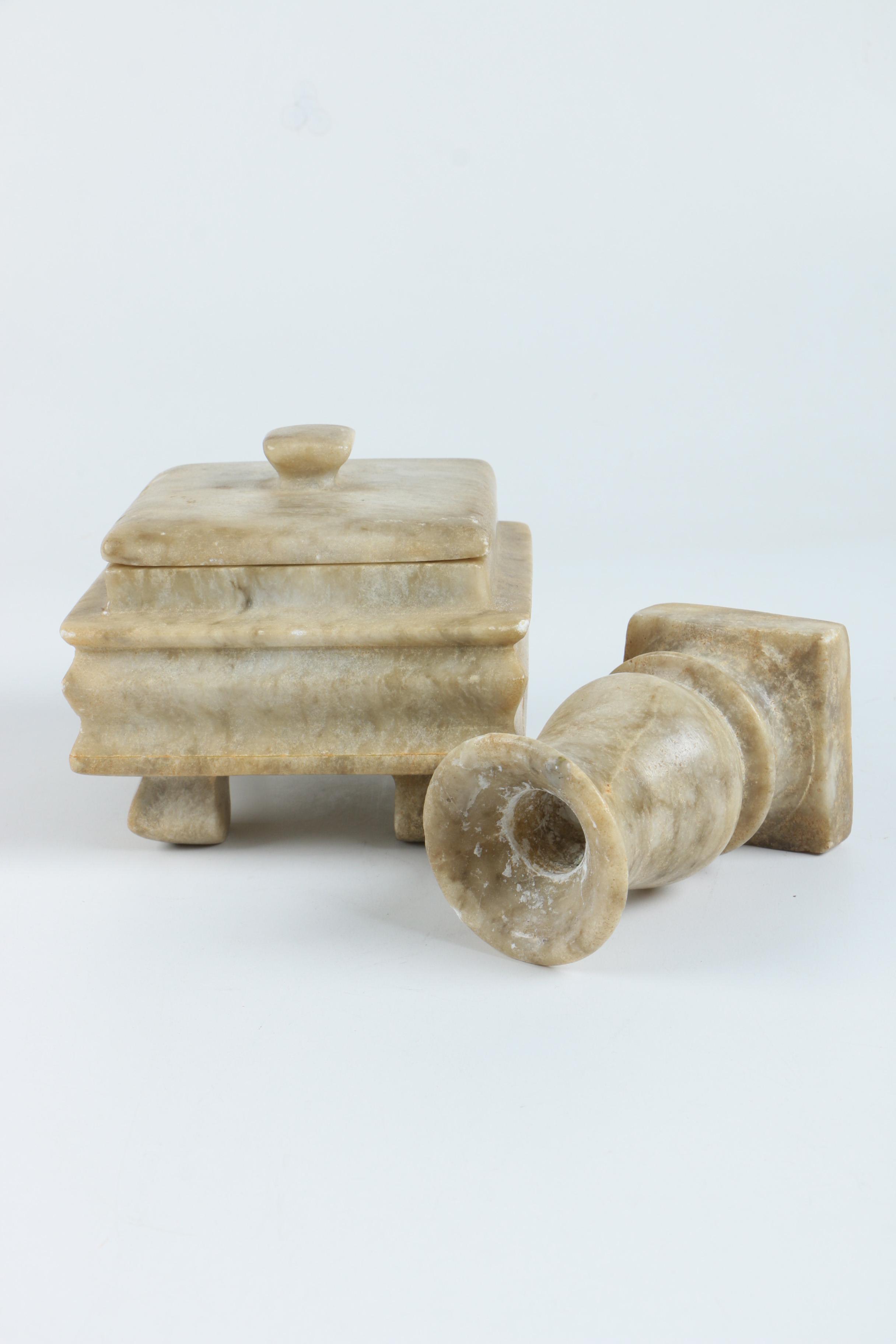 Vintage Alabaster Trinket Box and Candlestick