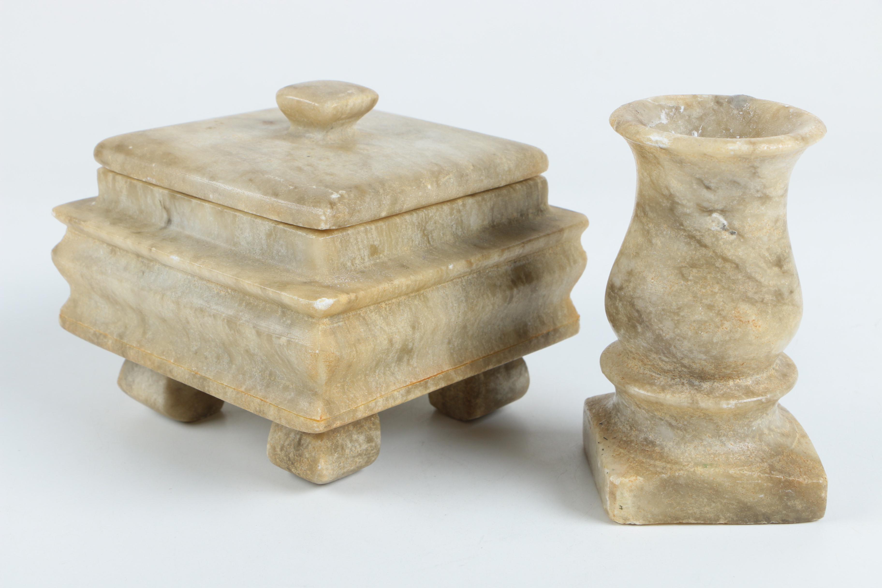 Vintage Alabaster Trinket Box and Candlestick