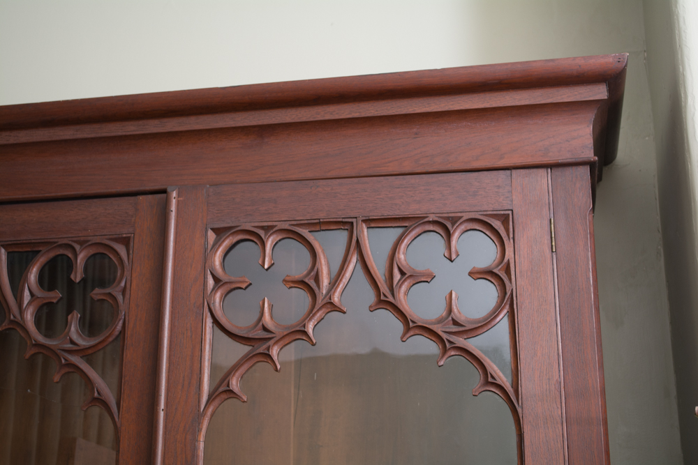 Antique Victorian Walnut Bookcase with Gothic Revival Fretwork
