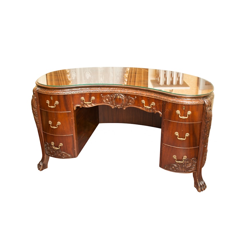 Georgian Style Carved Mahogany Kidney Shaped Desk