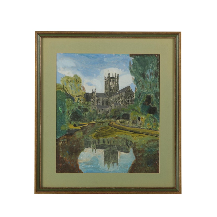 Oil Painting of a Church and Pond