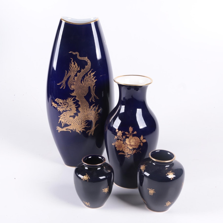 Hand Painted Bavarian Echt Cobalt Porcelain Vases