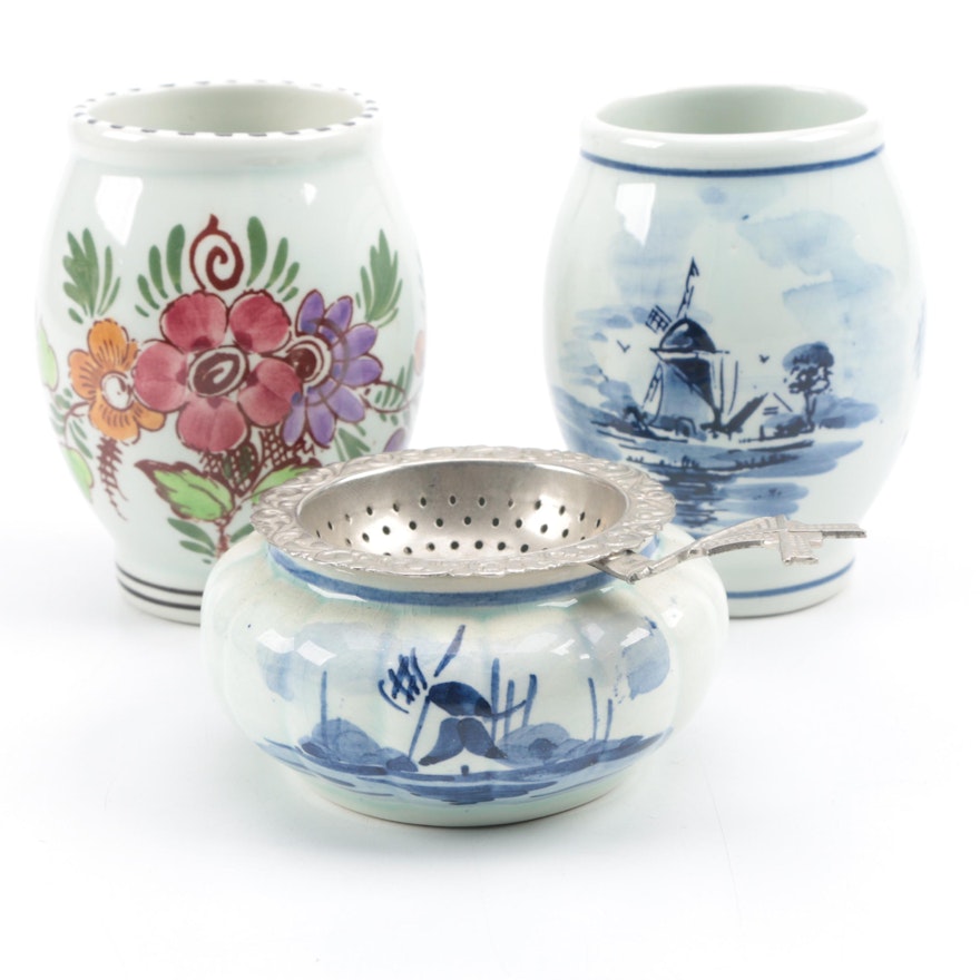 Delftse Pauw Floral and Two Pieces of Delftware