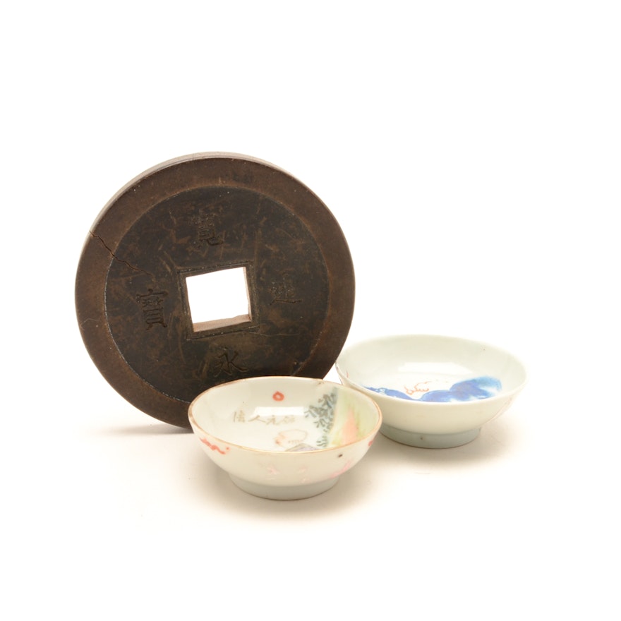 Small Hand-Painted Chinese Porcelain Bowls and Wooden Coin