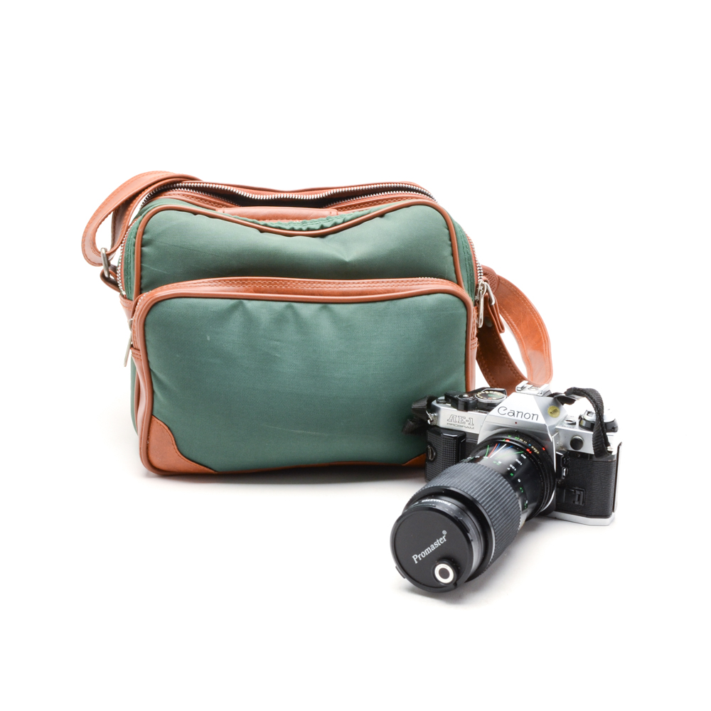 Canon AE-1 SLR 35mm Camera with Three Lenses and Flash