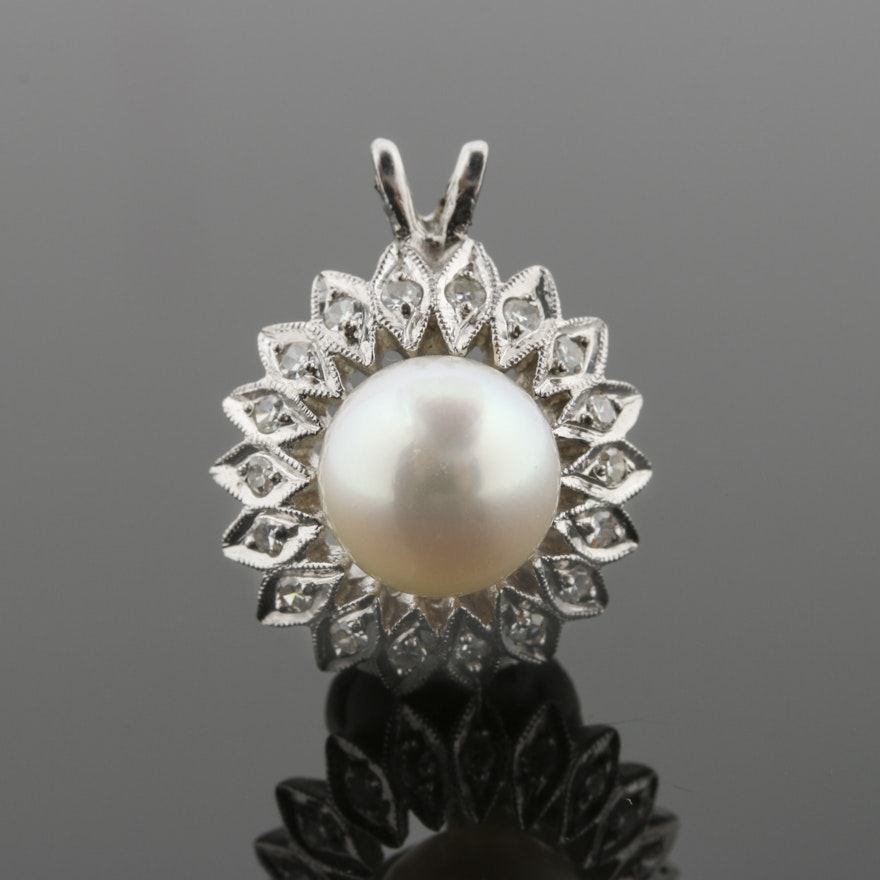 14K White Gold Cultured Pearl and Diamond Foliate Pendant