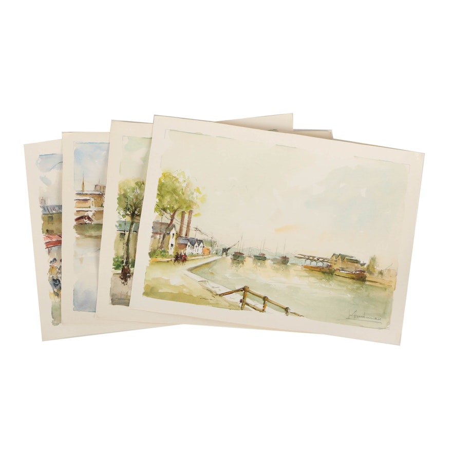 Collection of Georges Audureau Watercolor Paintings of Urban Scenes