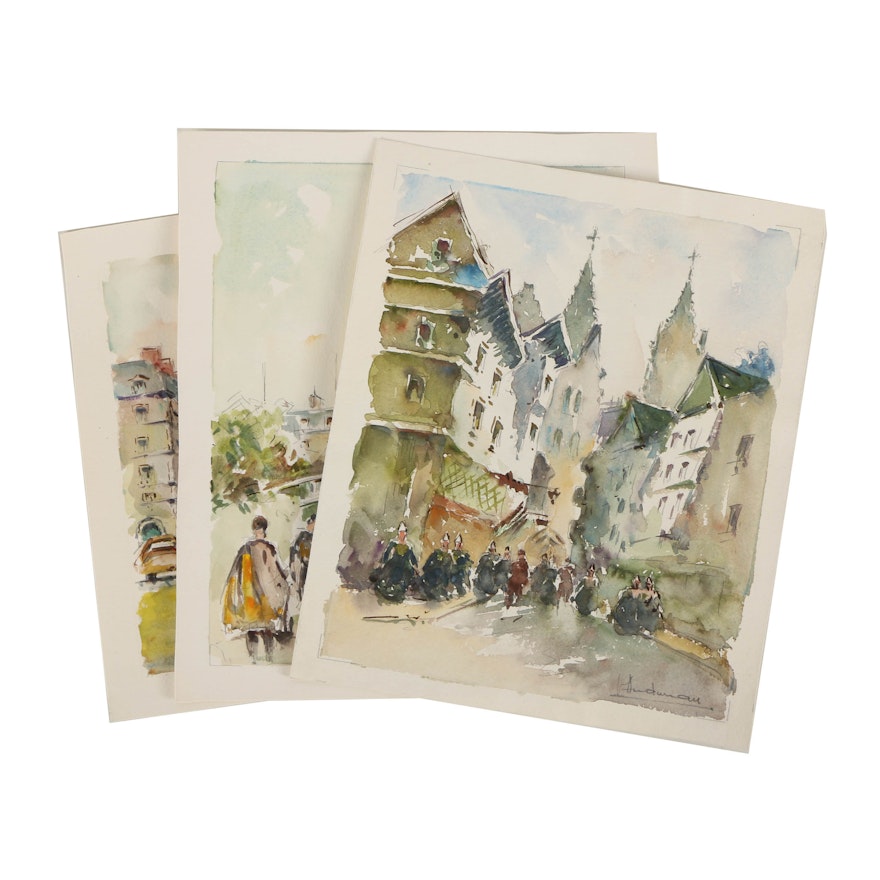 Three Georges Audureau Watercolor Paintings of Street Scenes