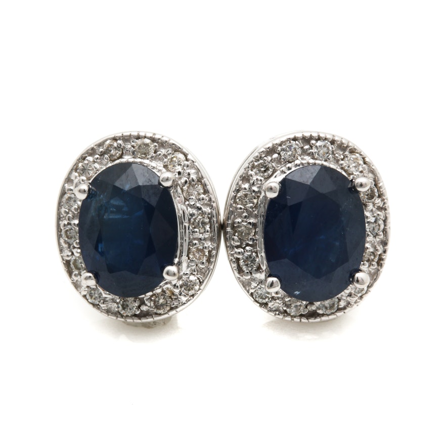 14K White Gold Blue Sapphire and Diamond Earrings
