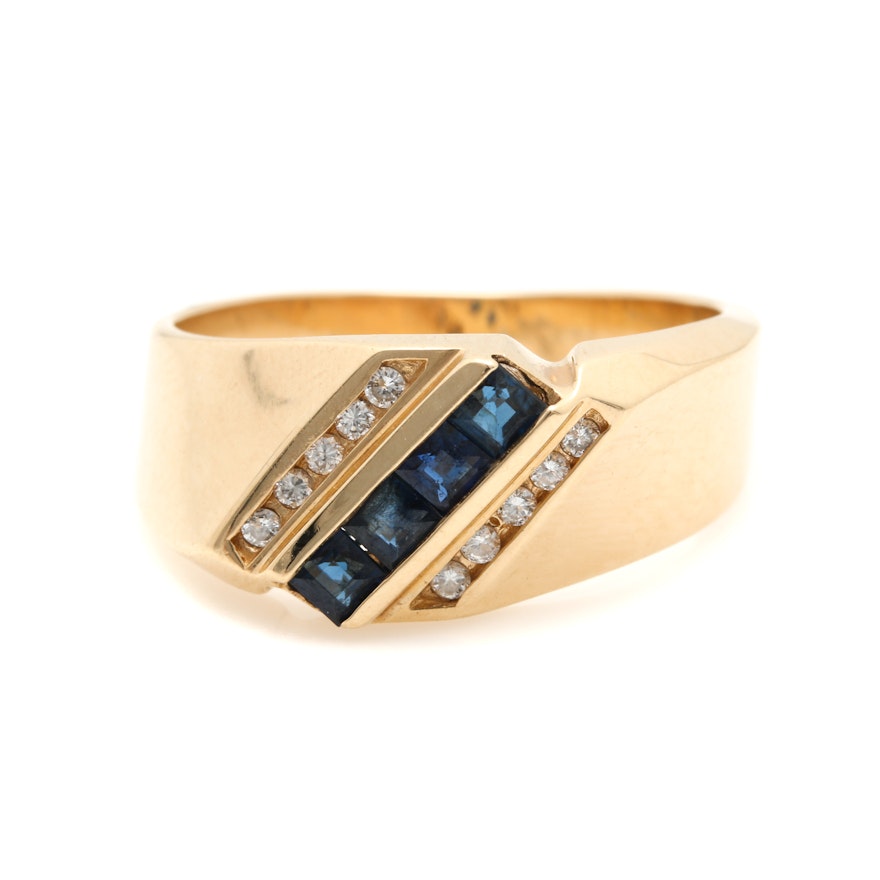 14K Yellow Gold Blue Sapphire and Diamond Ring