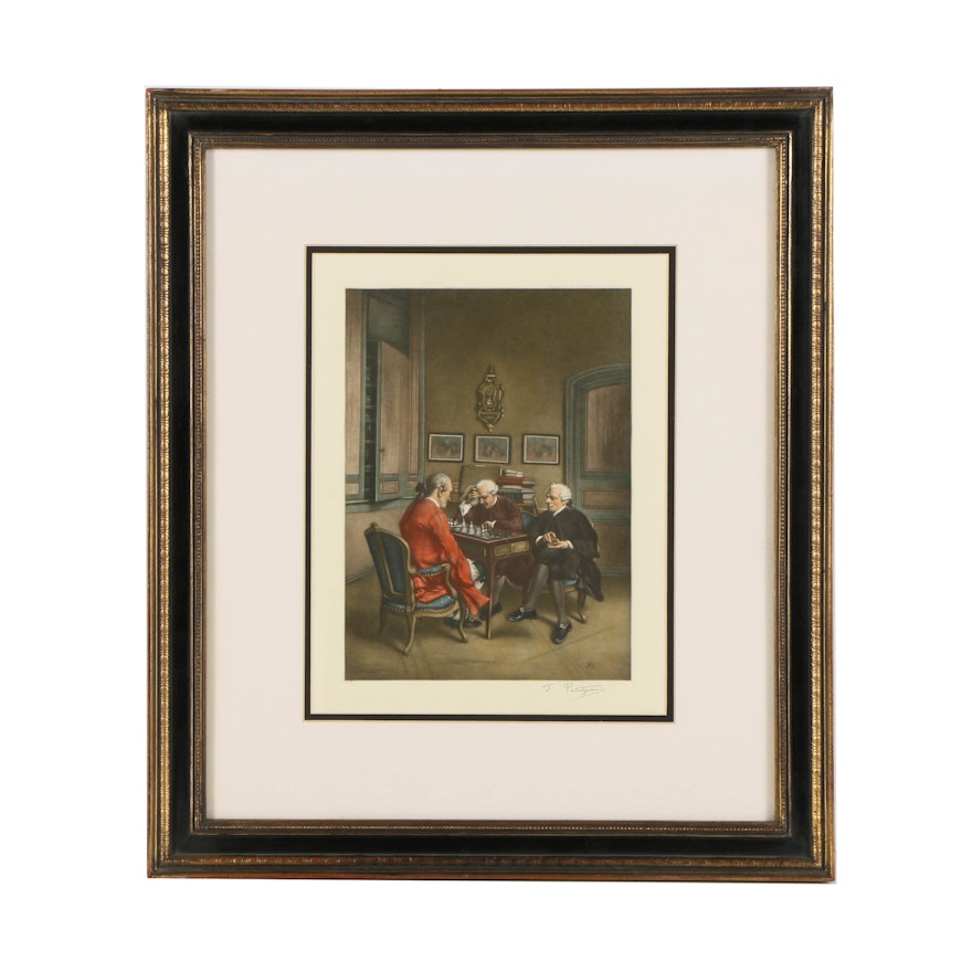 F. Petitjean Hand-Colored Photogravure After Meissonier's "Chess Players"