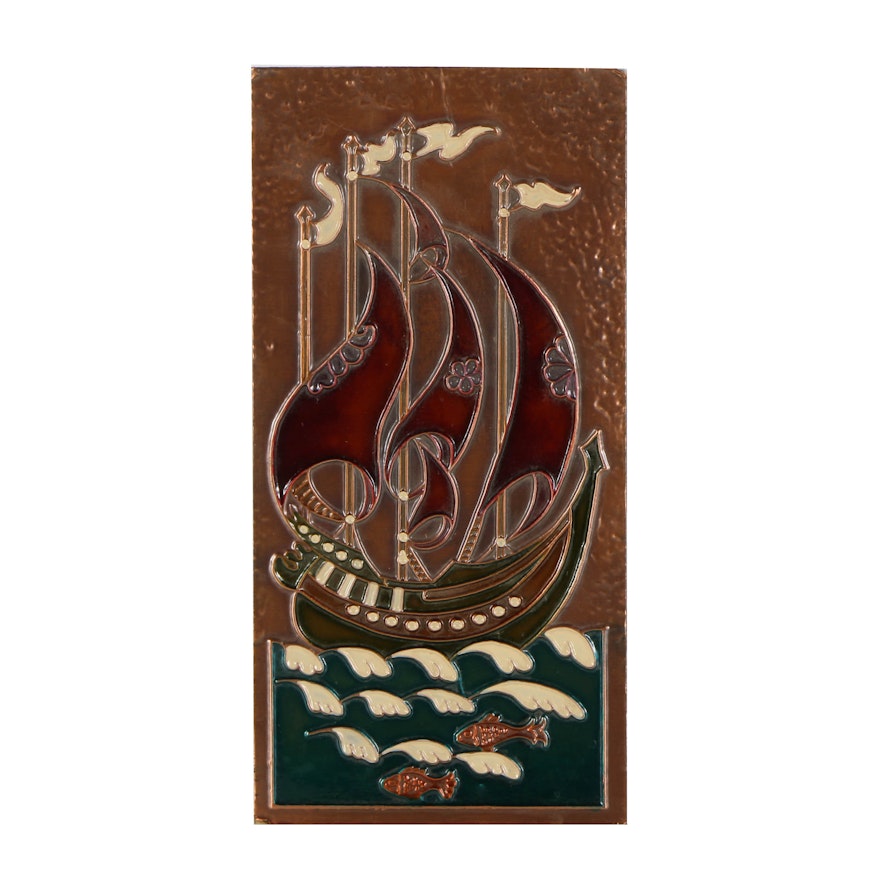 Embossed Bronze-Tone Metal Sheet with Enamel Embellishments of Ship