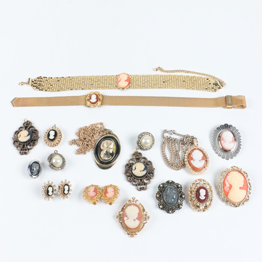 Assortment of Vintage Costume Jewelry Including Cameo Brooches