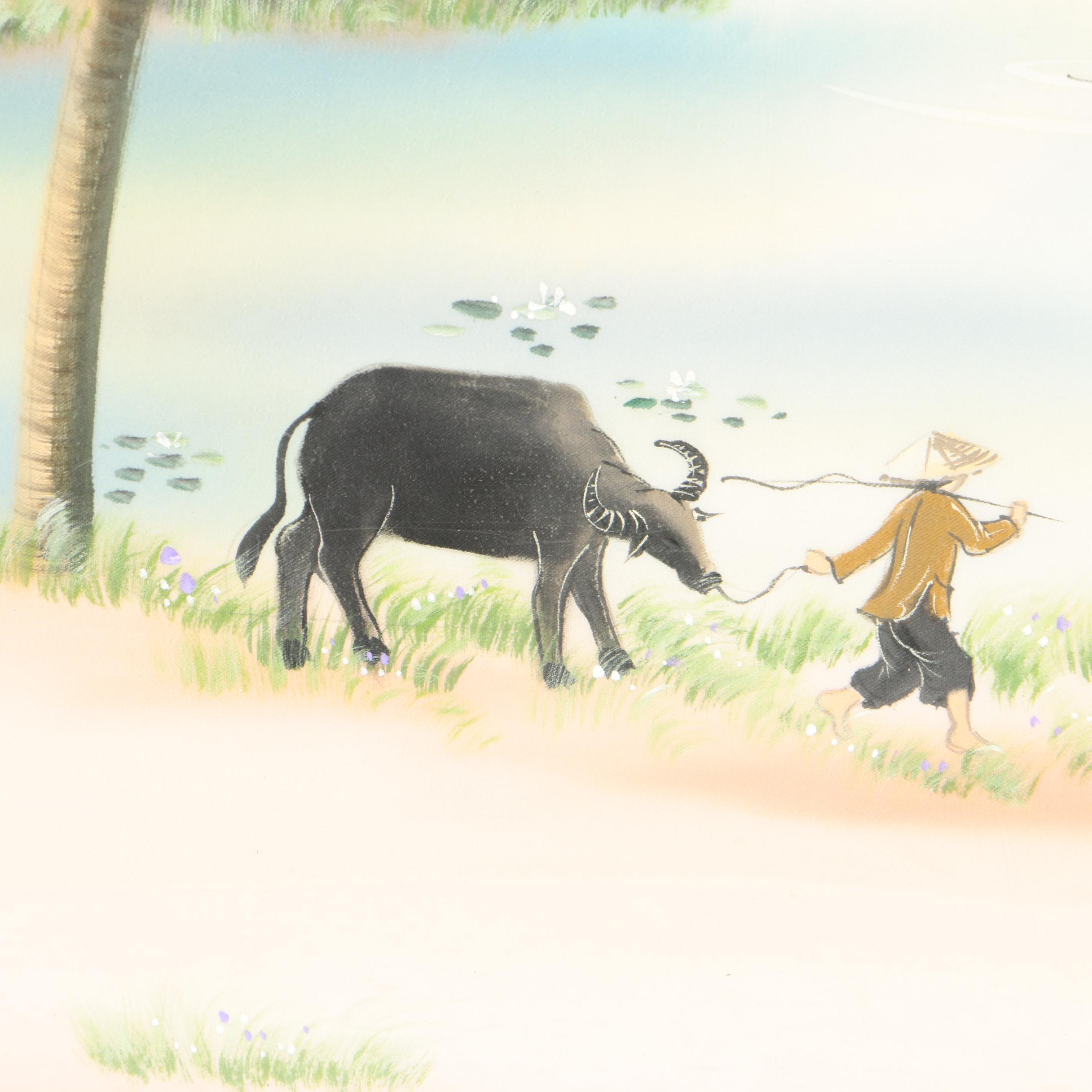 South East Asian Style Watercolor and Gouache on Silk Paintings