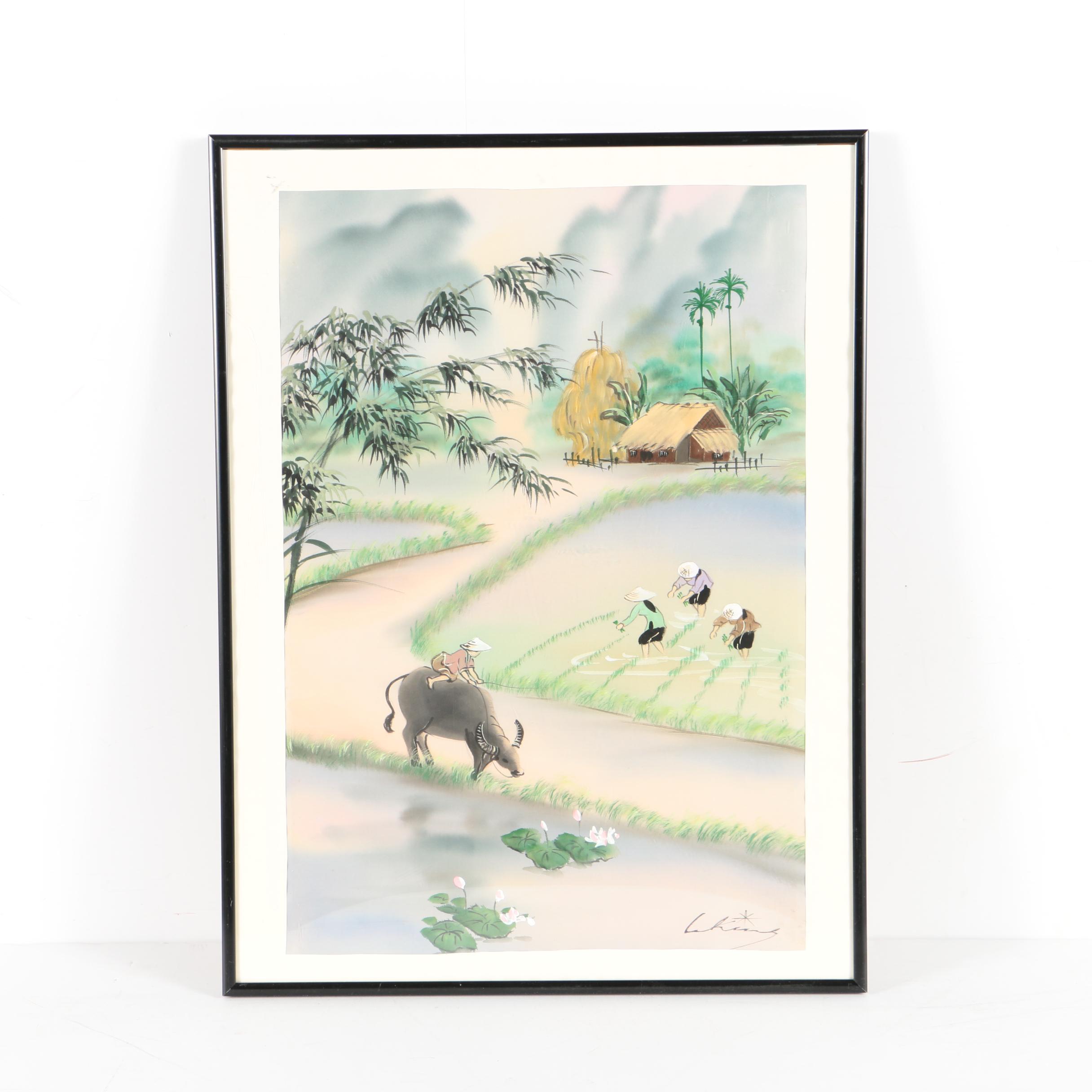 South East Asian Style Watercolor and Gouache on Silk Paintings