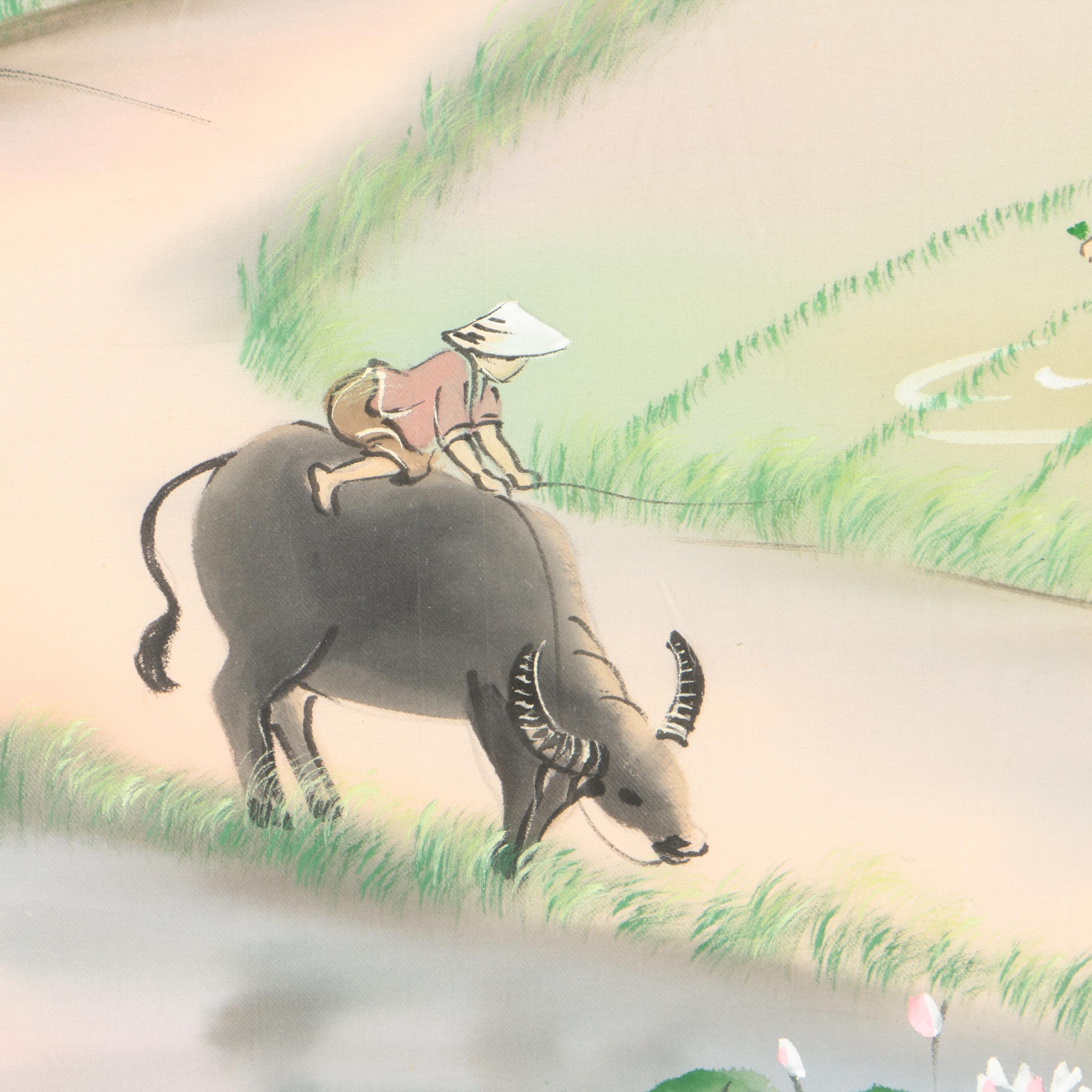 South East Asian Style Watercolor and Gouache on Silk Paintings