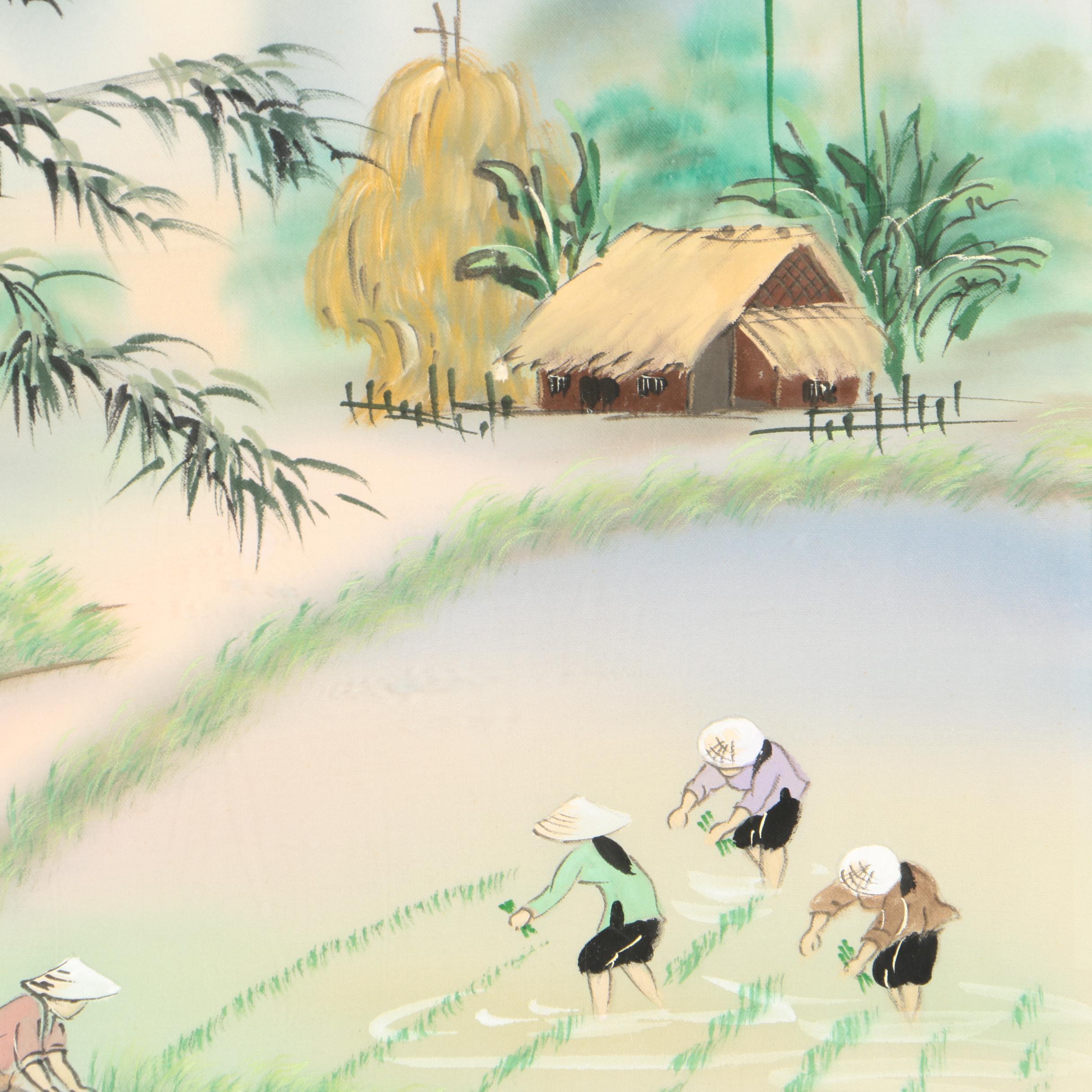 South East Asian Style Watercolor and Gouache on Silk Paintings