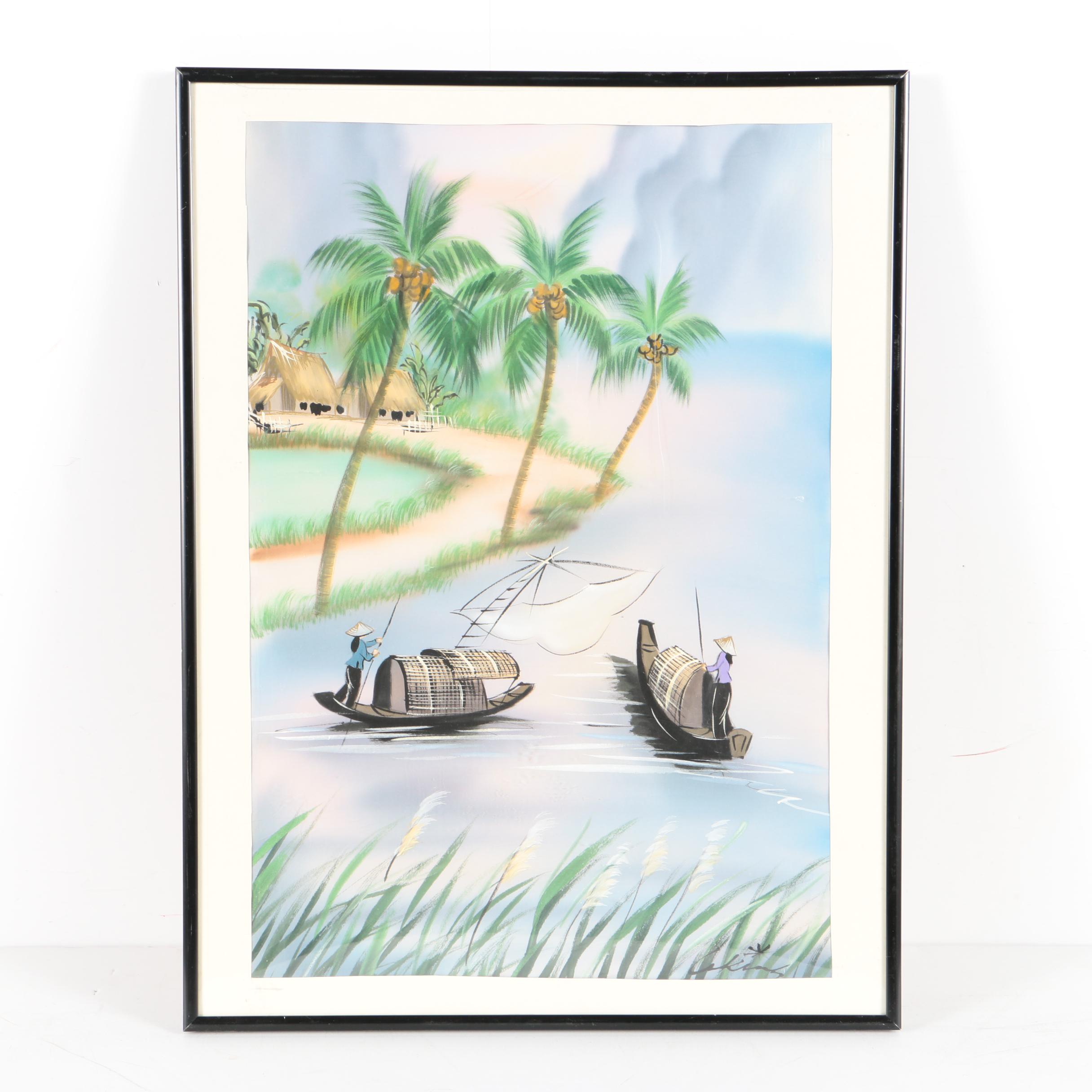 South East Asian Style Watercolor and Gouache on Silk Paintings