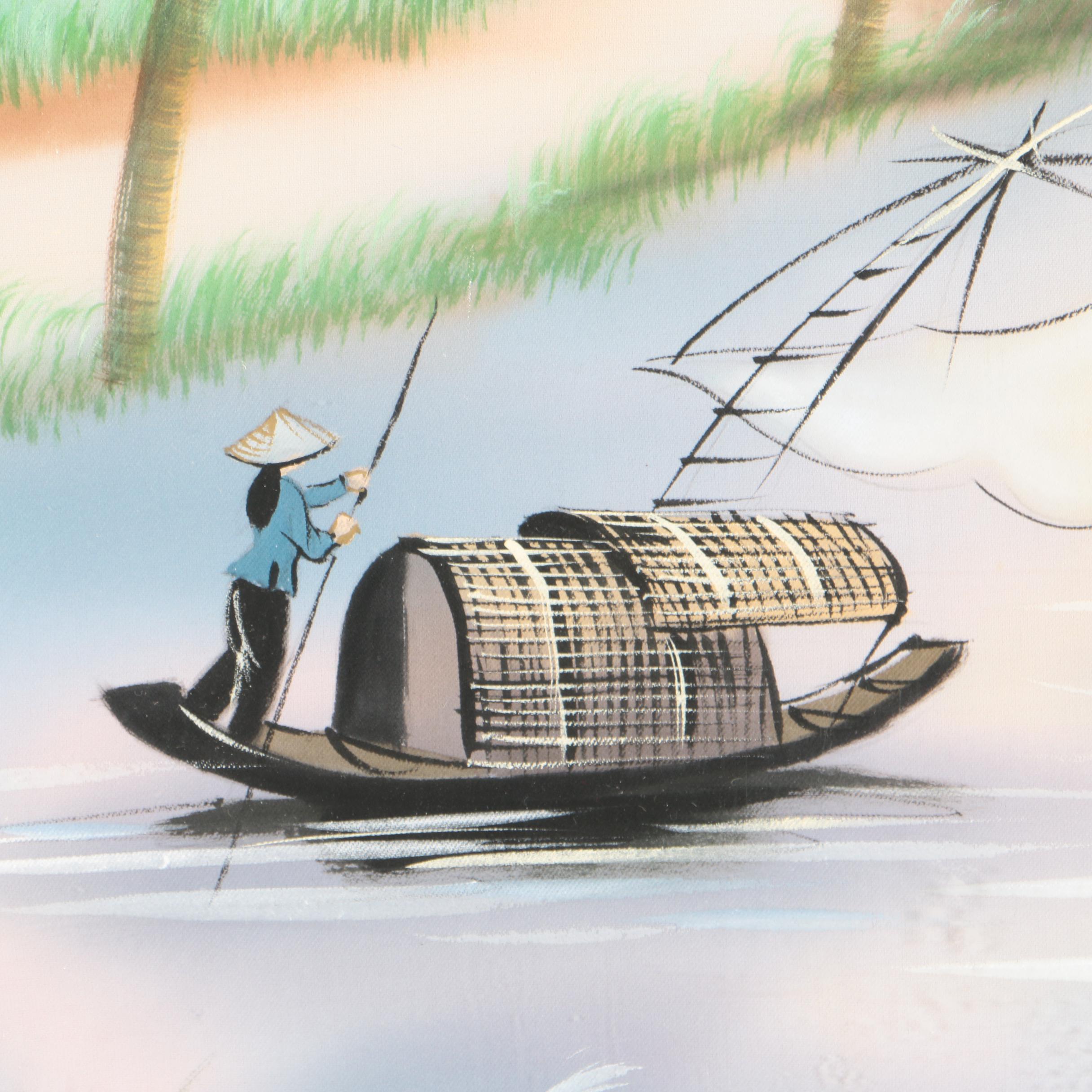 South East Asian Style Watercolor and Gouache on Silk Paintings