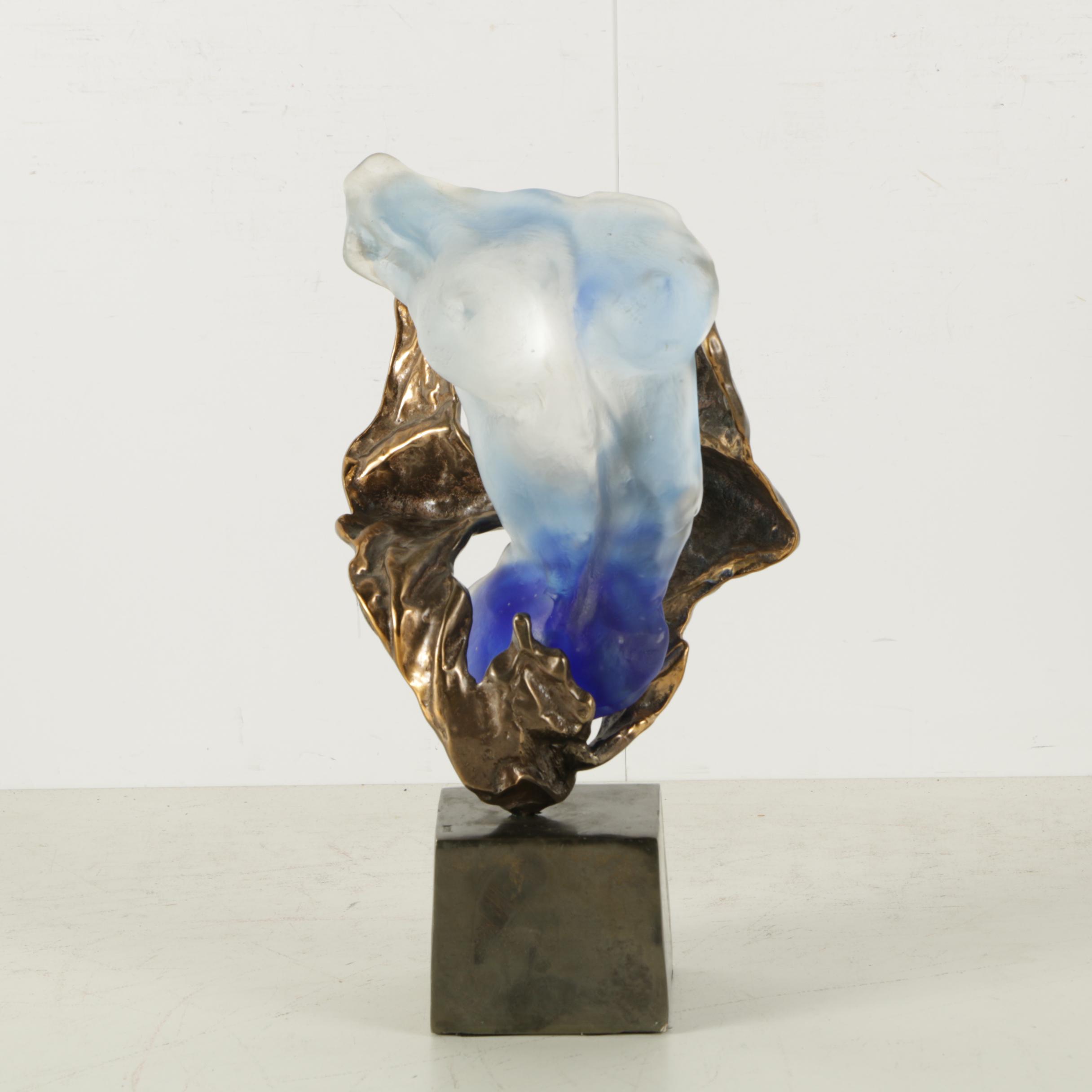 Yves Lohe Bronze and Glass Sculpture of a Bust