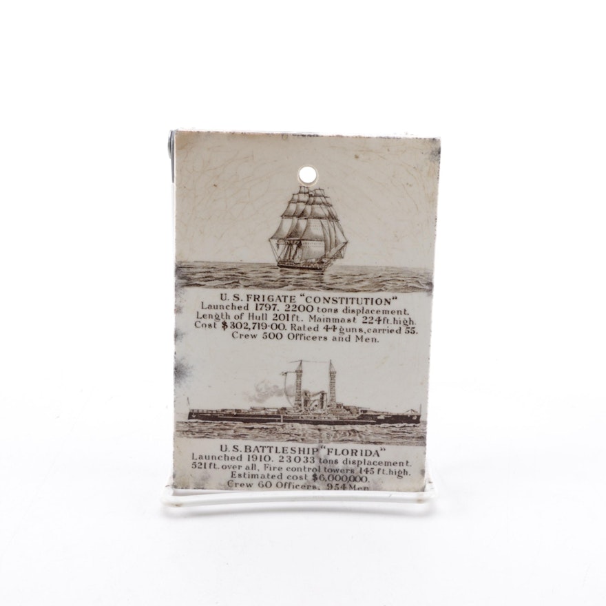Antique Ceramic Promotional Tile with Calendar and Naval Vessels