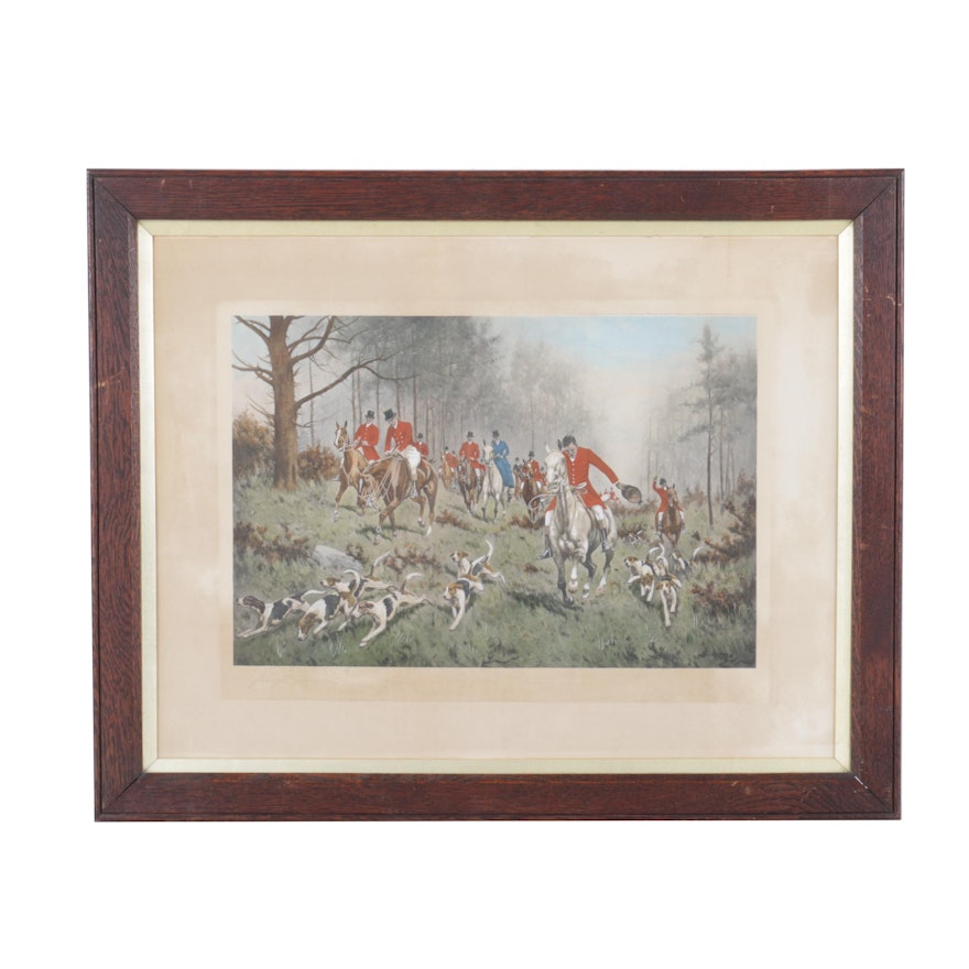 G. Wright Hand Colored Lithograph on Paper of Hunting Scene