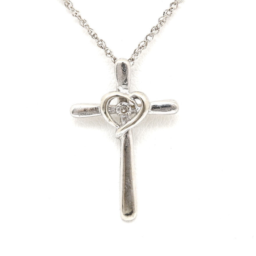 10K White Gold Diamond Cross Pendant on 14K White Gold Necklace