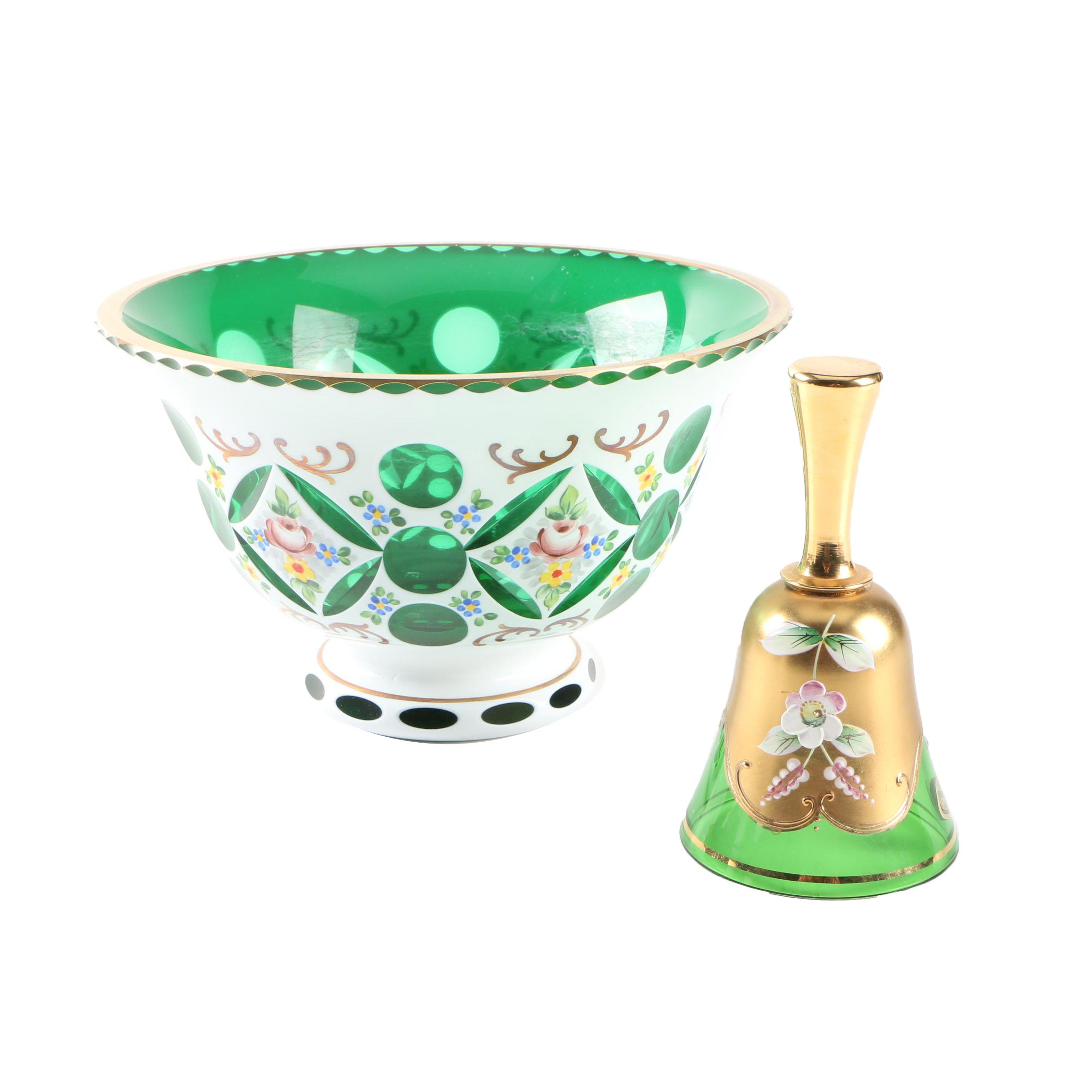 Bohemian Cased Cut to Clear Glass Bowl and Bell