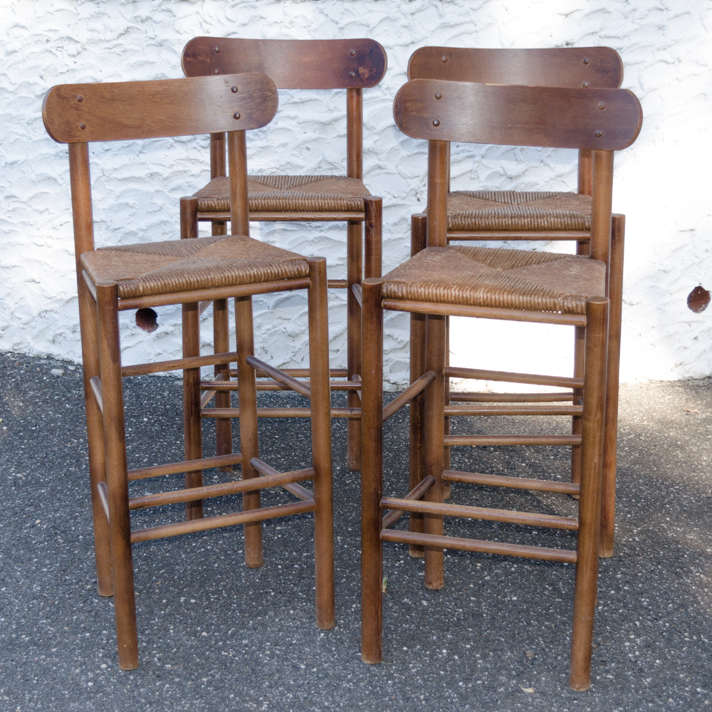 Set of Rush Seat Wooden Bar Stools