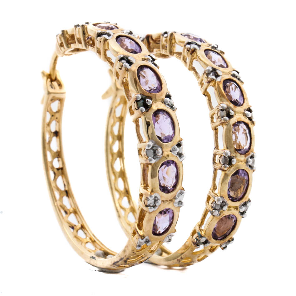 Gold Washed Sterling Silver Natural Amethyst Hoop Earrings