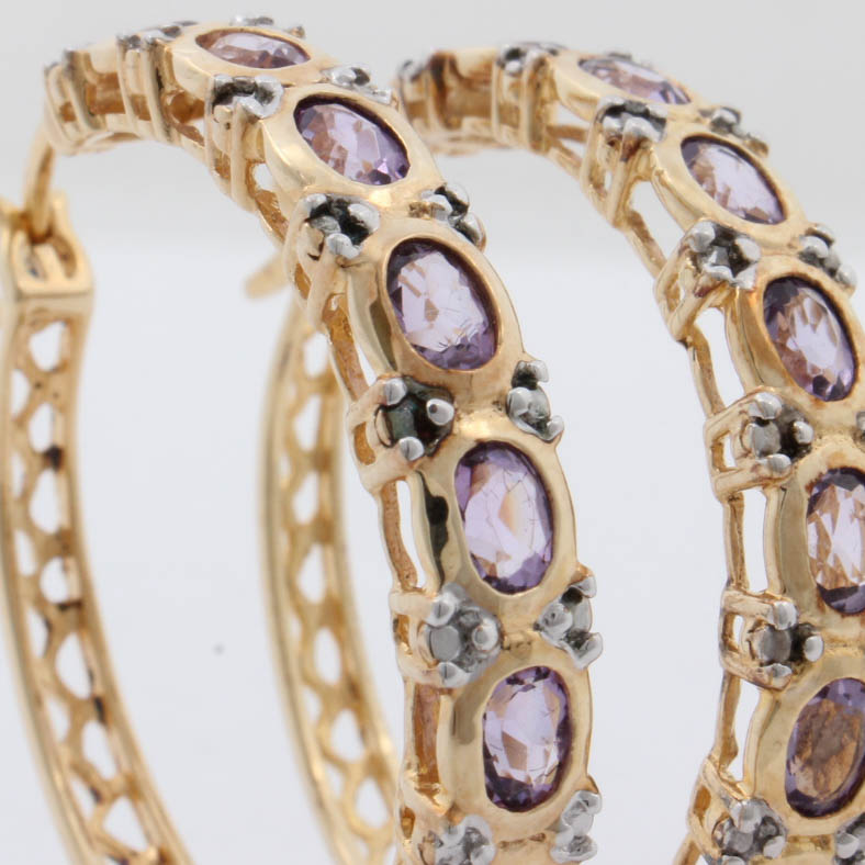 Gold Washed Sterling Silver Natural Amethyst Hoop Earrings