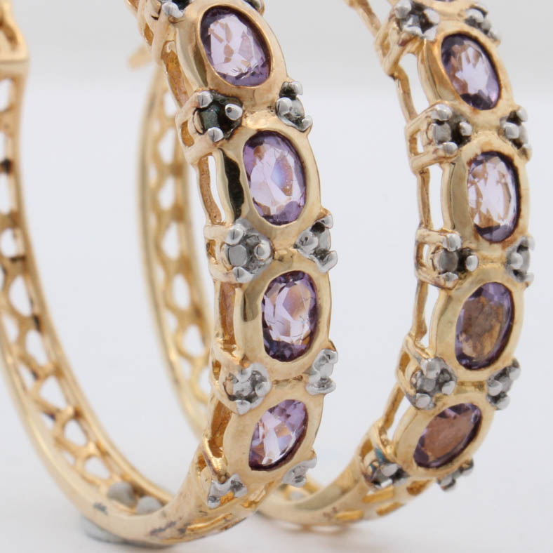 Gold Washed Sterling Silver Natural Amethyst Hoop Earrings