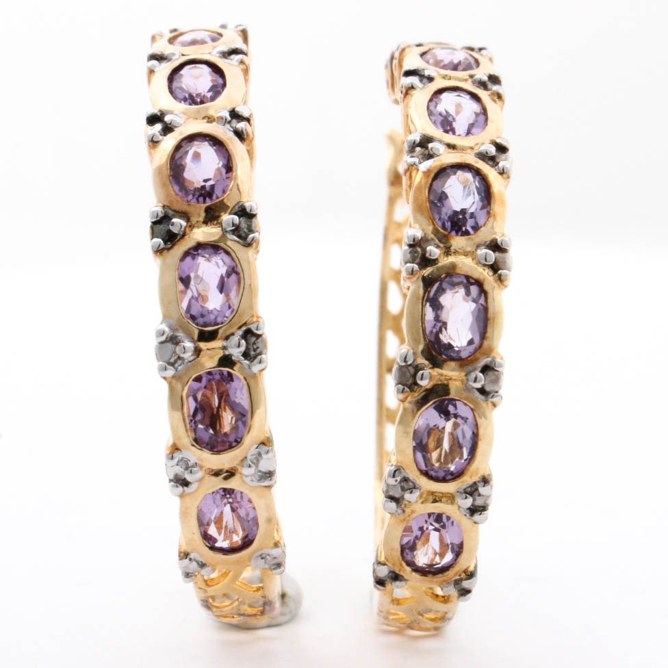 Gold Washed Sterling Silver Natural Amethyst Hoop Earrings