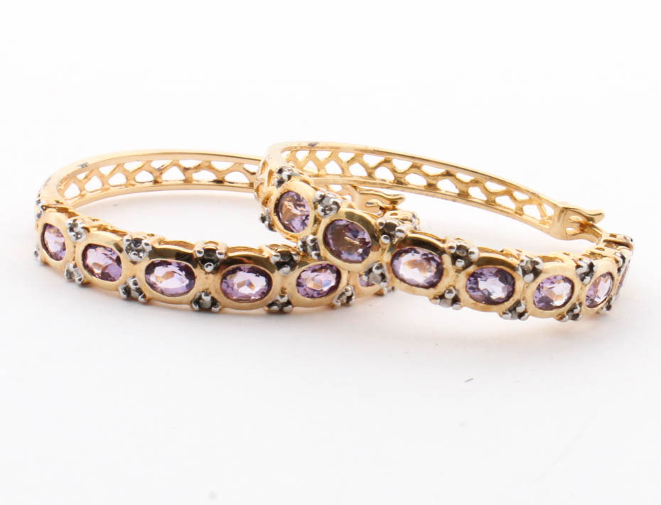 Gold Washed Sterling Silver Natural Amethyst Hoop Earrings