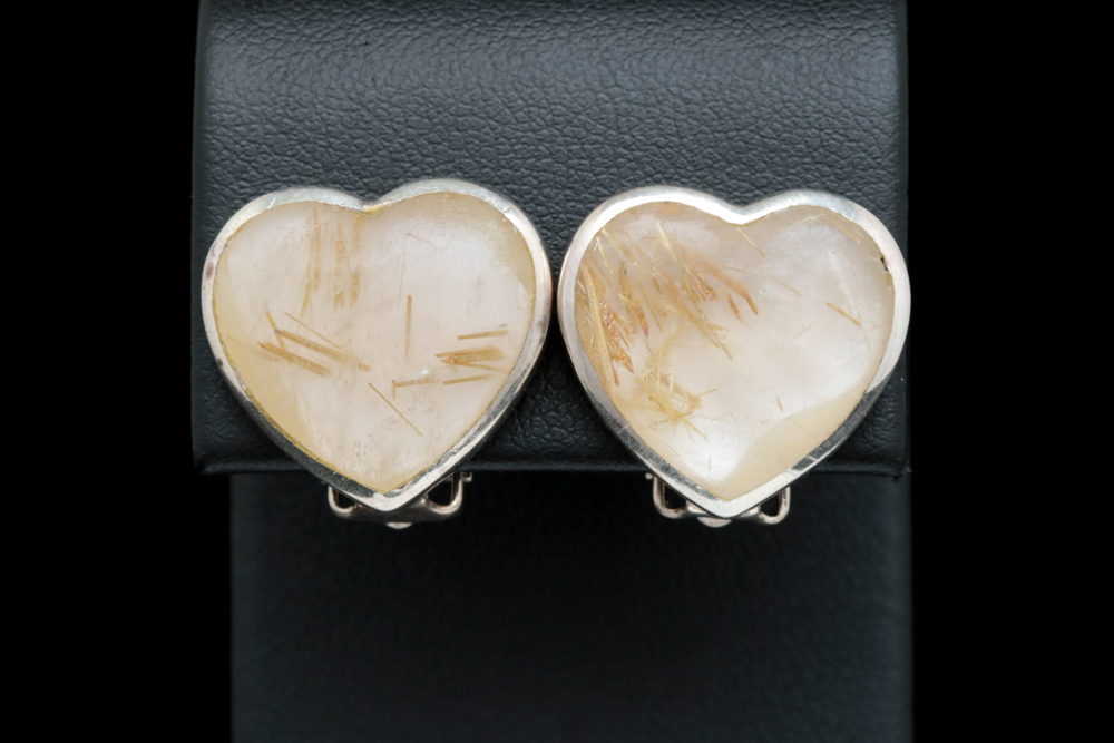 Sterling Silver and Rutilated Quartz Heart Earrings
