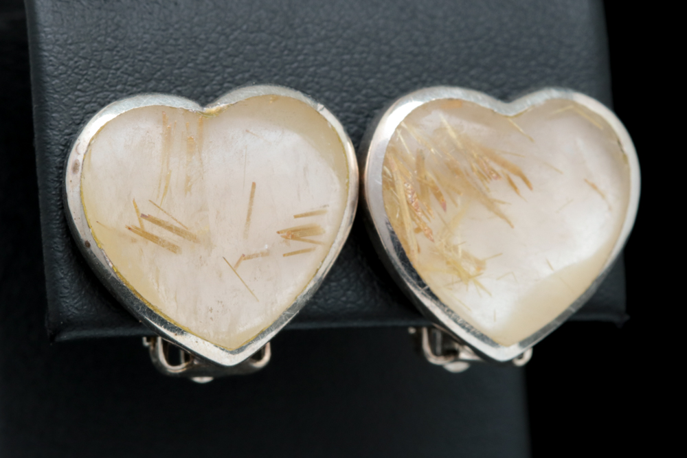 Sterling Silver and Rutilated Quartz Heart Earrings