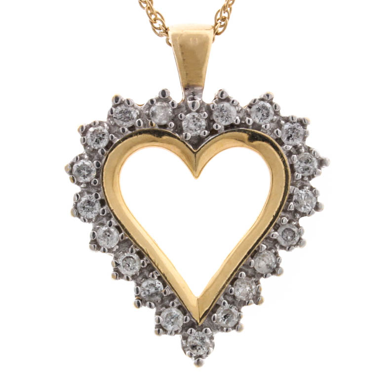 10K Yellow Gold Diamond Heart Shaped Pendant Necklace