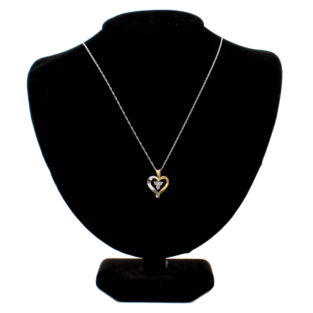 14K White Gold Chain and 10K Yellow & White Gold Heart Pendant with Diamonds