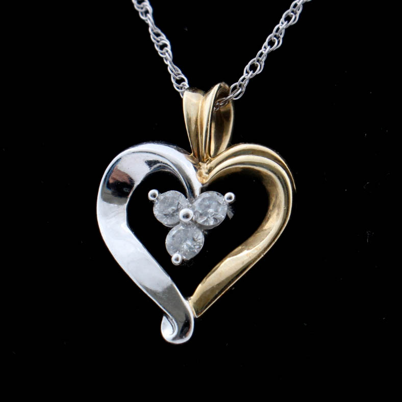 14K White Gold Chain and 10K Yellow & White Gold Heart Pendant with Diamonds