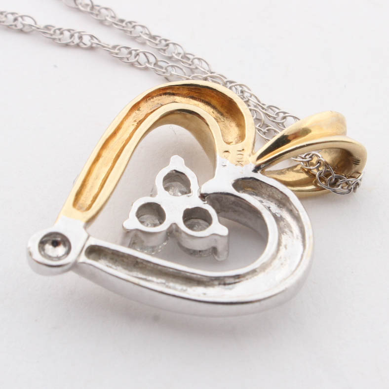 14K White Gold Chain and 10K Yellow & White Gold Heart Pendant with Diamonds