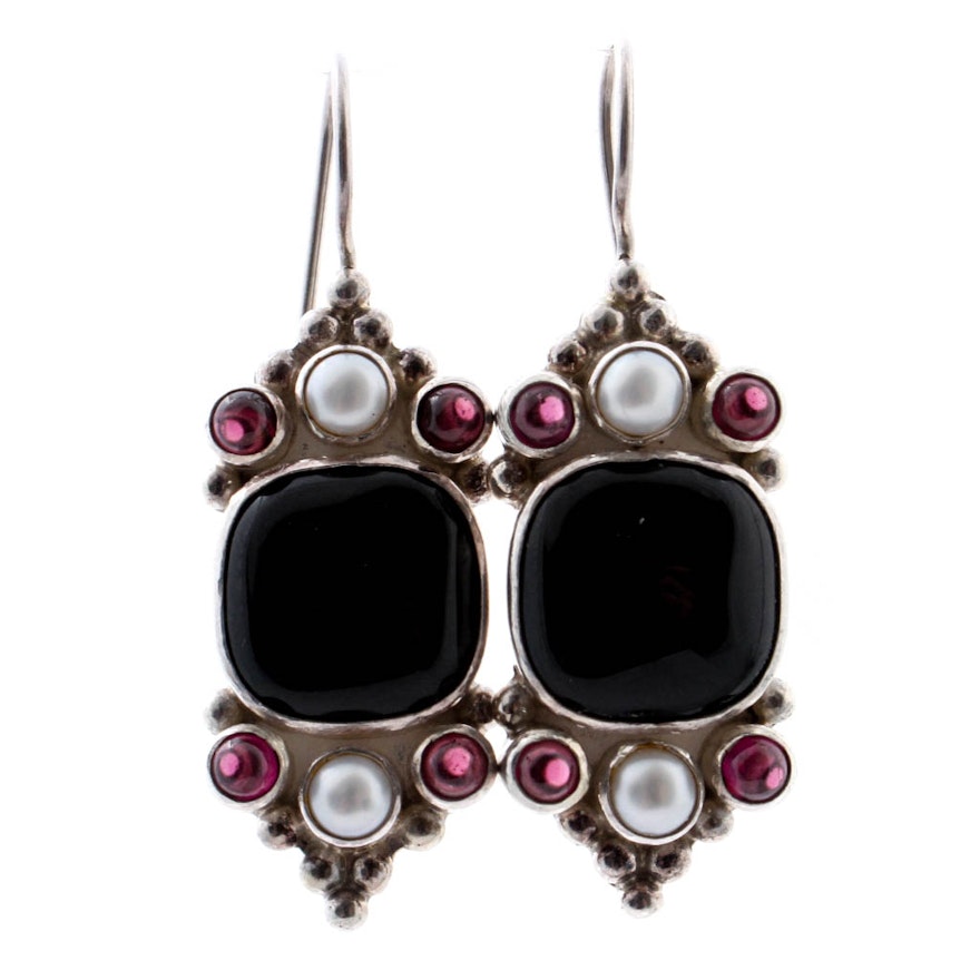 Sterling Silver Onyx, Garnet & Pearl Earrings