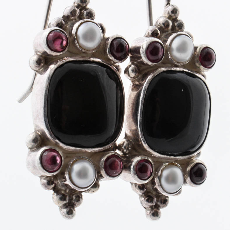 Sterling Silver Onyx, Garnet & Pearl Earrings