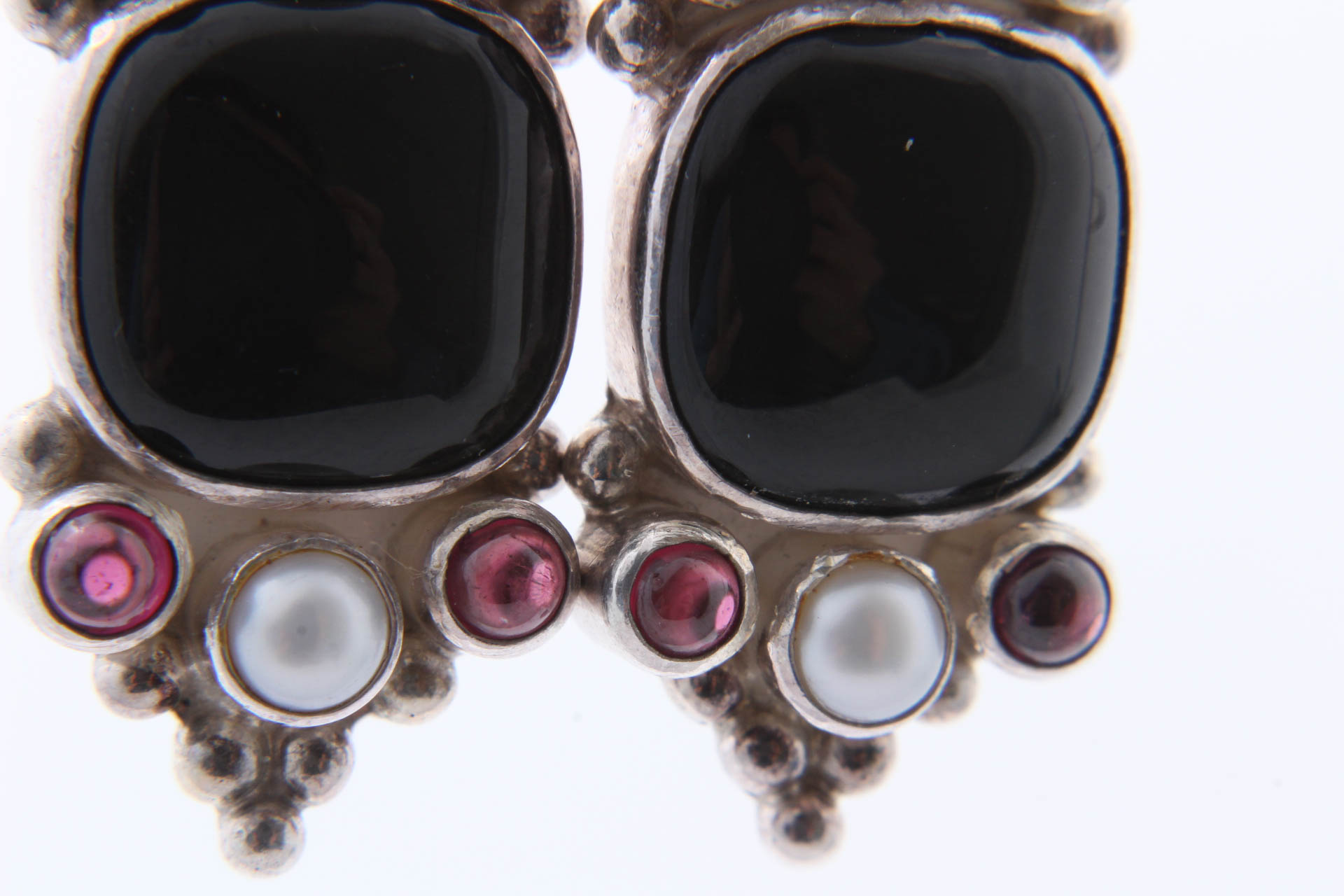 Sterling Silver Onyx, Garnet & Pearl Earrings
