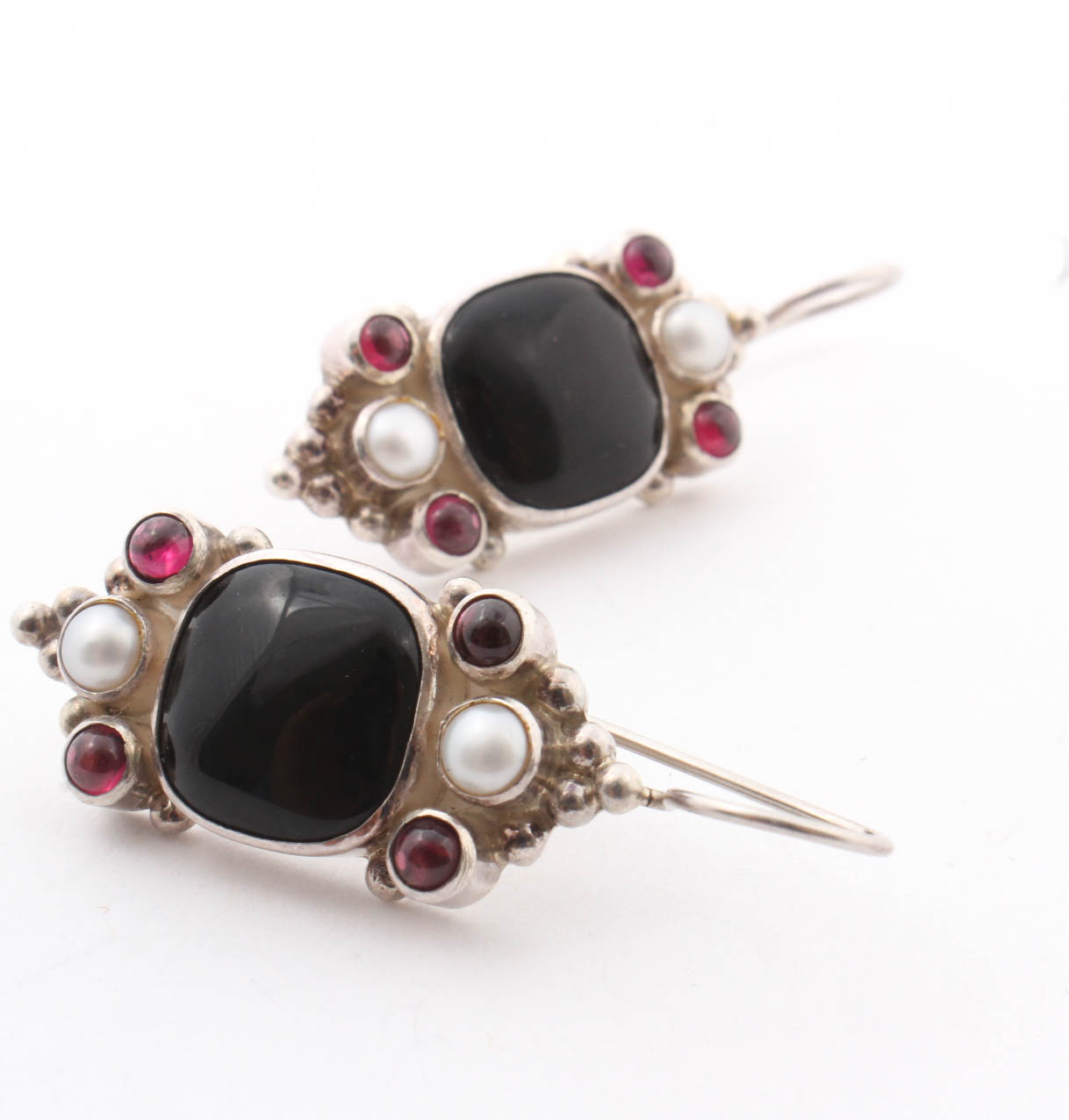 Sterling Silver Onyx, Garnet & Pearl Earrings