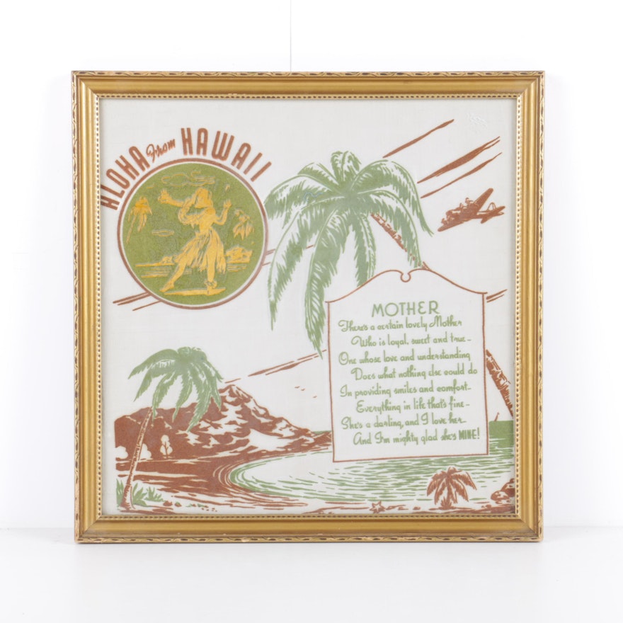 Vintage "Aloha From Hawaii" Flocking and Embroidery on Silk Wall Décor